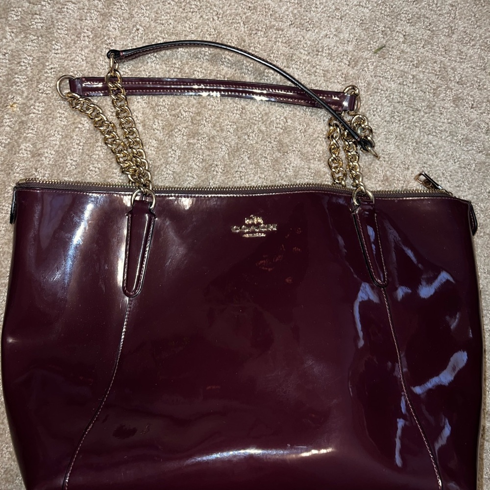 Coach Deep Maroon patent leather Shoulder Bag with Elegant Chain Strap.